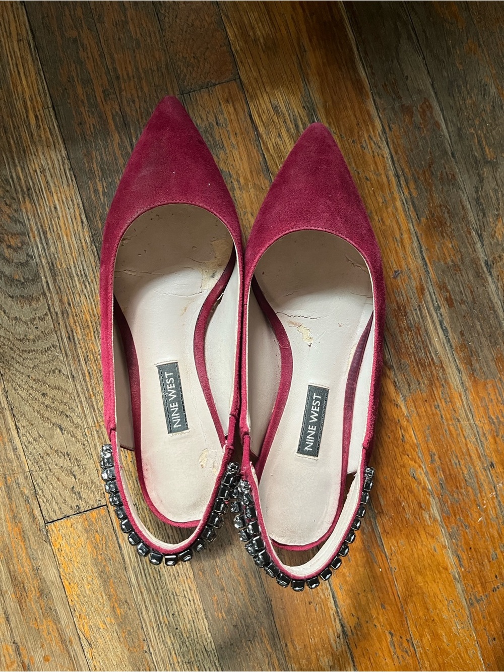 Nine West Wine Pink Suede Pointed Toe Flats with Heel Embellishments